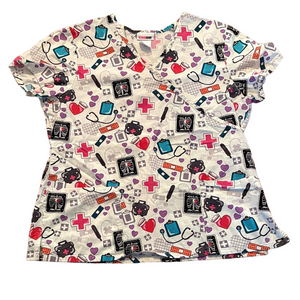 Scrubstar Scrub Top Medical Equipment Print White Pink Blue Large